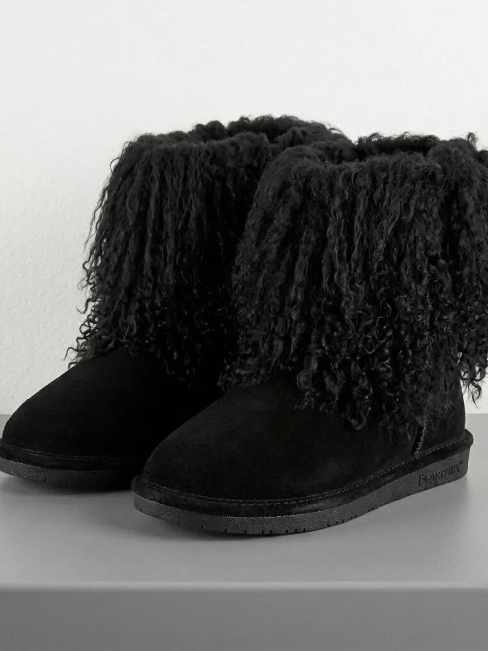 Bearpaw Boo Black Shearling Wool Lined Curly Lamb Fur Sherpa Boho Boots Sz 6 NEW